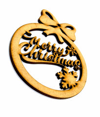 Wooden Christmas ornament with 'Merry Christmas' text, bow, and snowflake design on a white background.