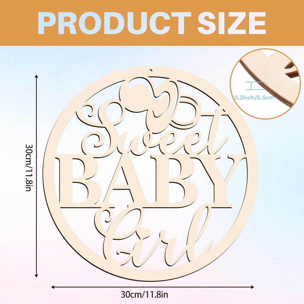 Wooden decorative sign with 'Sweet Baby Girl' text and measurements on a light blue background