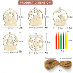 Product dimensions chart for Christmas decorations including wooden cutouts, candles, and twine.
