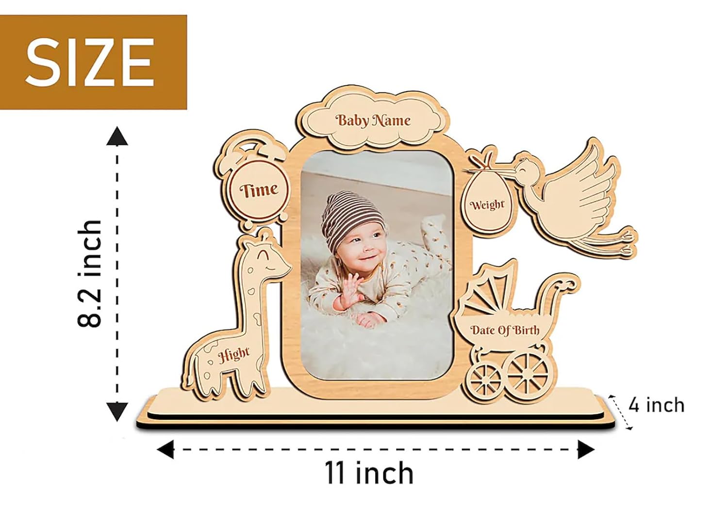 Wooden photo frame with engraved details and baby photo, showing dimensions on a white background.