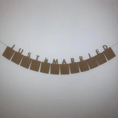 Decorative banner with 'JUST MARRIED' text on a plain background