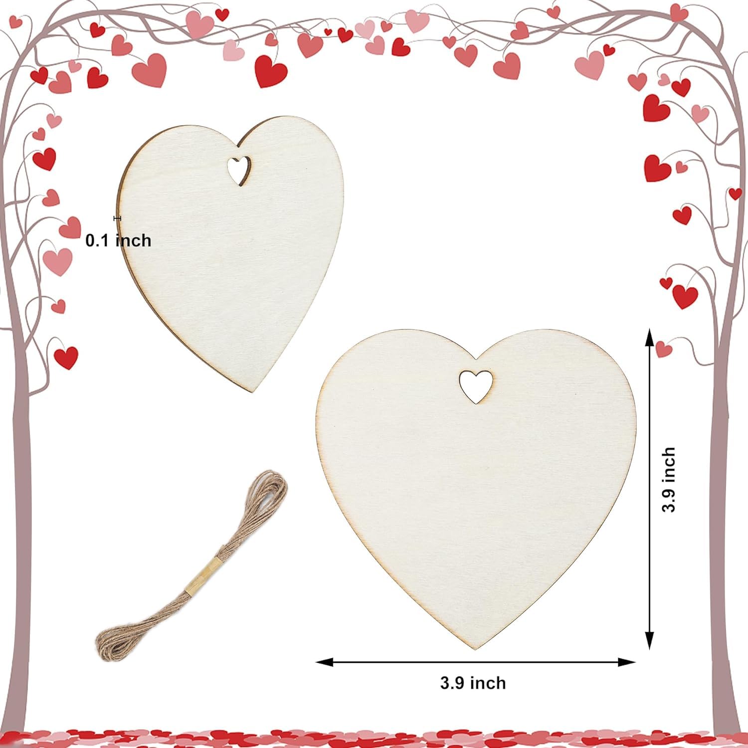 Two heart-shaped wooden tags with measurements and a string on a decorative background with hearts.