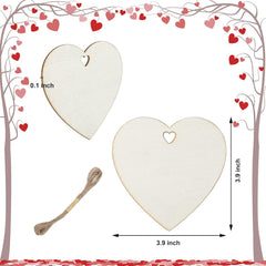 Two heart-shaped wooden tags with measurements and a string on a decorative background with hearts.