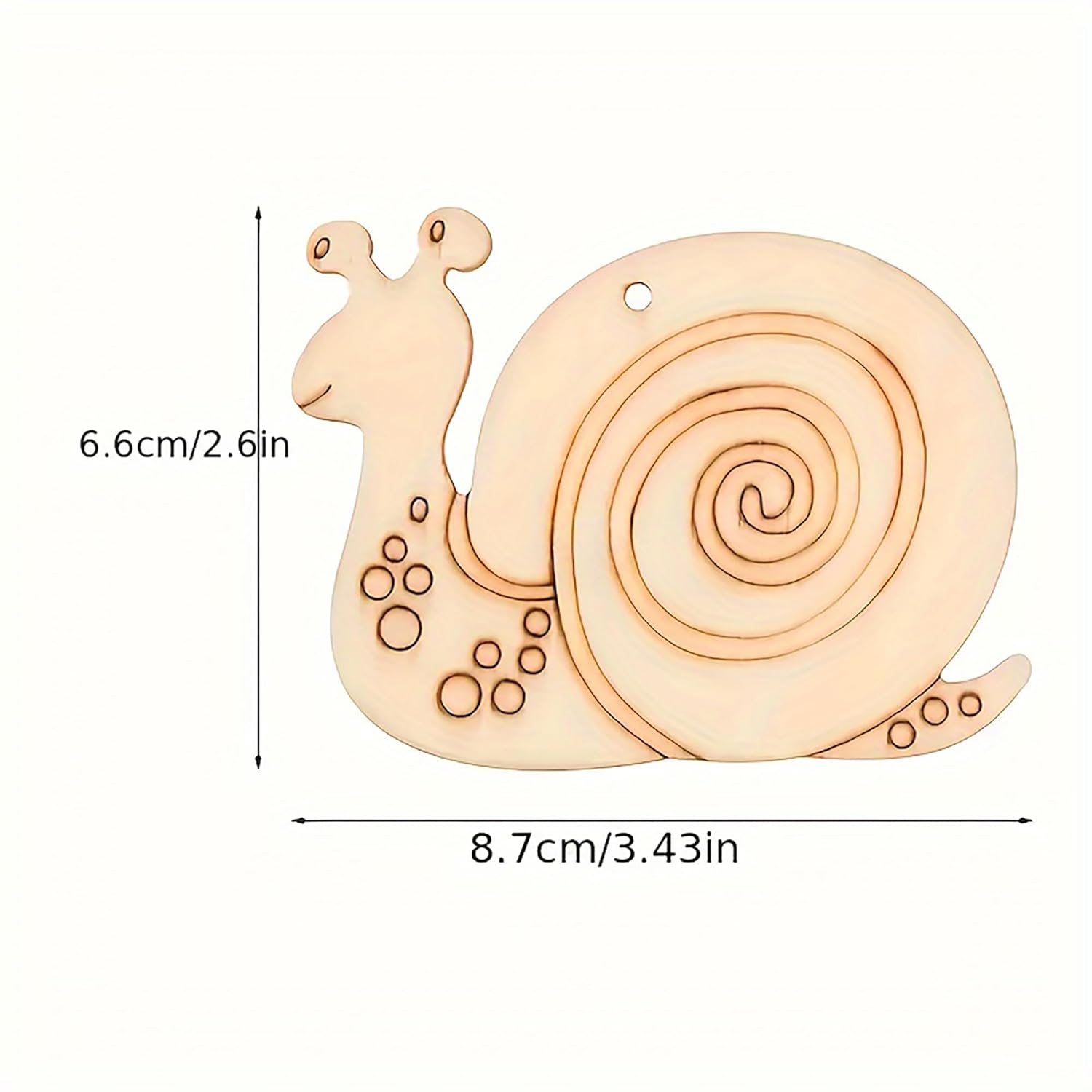 Wooden snail ornament with measurements on a white background