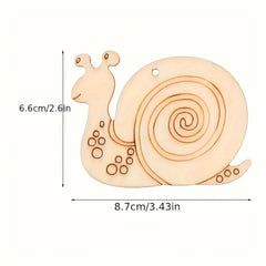 Wooden snail ornament with measurements on a white background