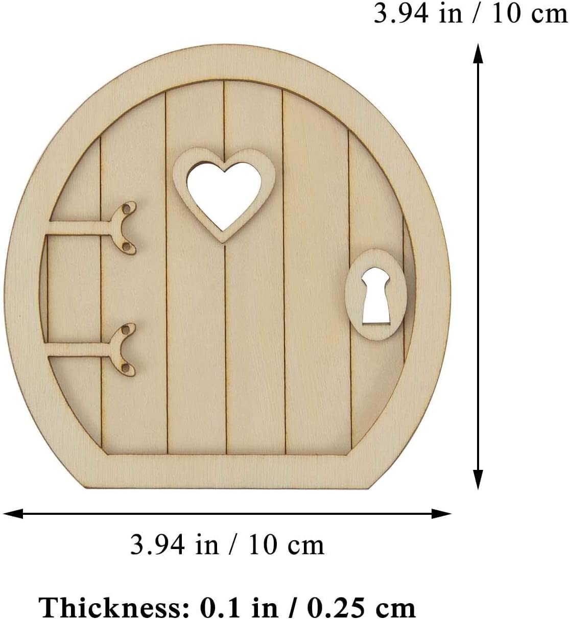 Wooden fairy door with heart-shaped window and measurements on a white background