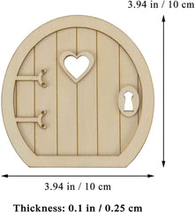 Wooden fairy door with heart-shaped window and measurements on a white background