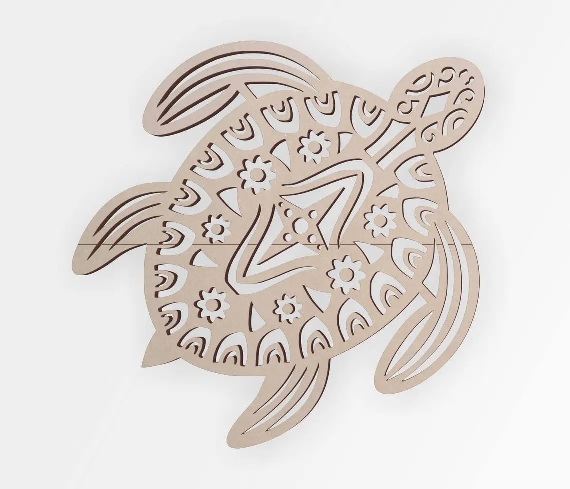Decorative wooden turtle cutout with intricate patterns on a white background