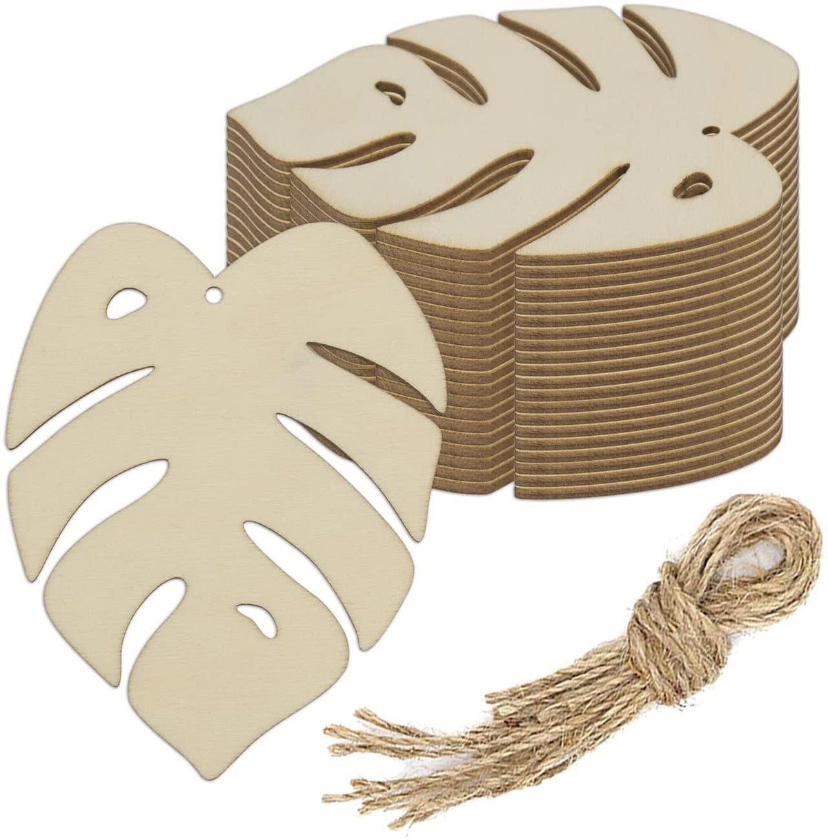 Stack of beige leaf-shaped coasters with a tassel on a white background