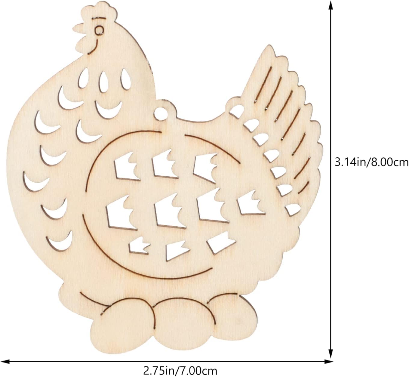 Wooden cutout of a rooster shape with measurements on a white background