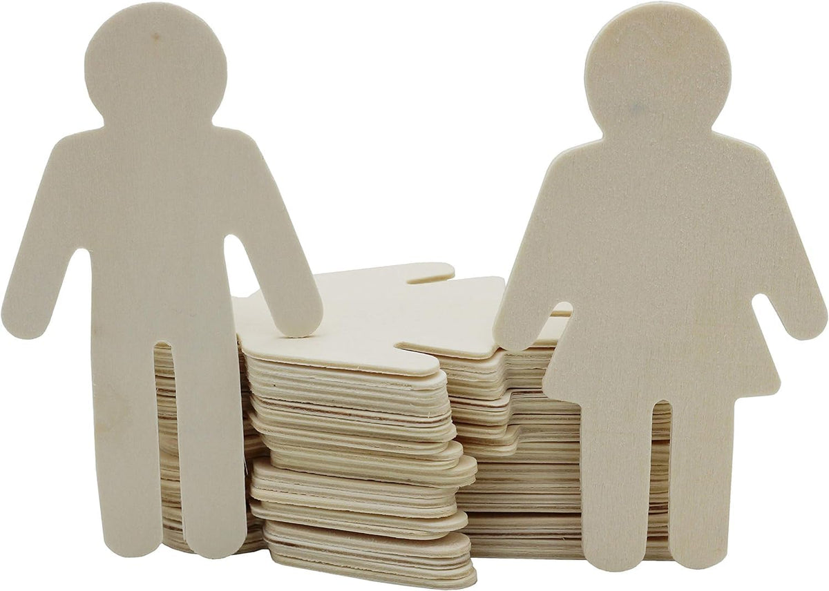 Wooden cutout figures of a man and a woman with a stack of cards between them on a white background