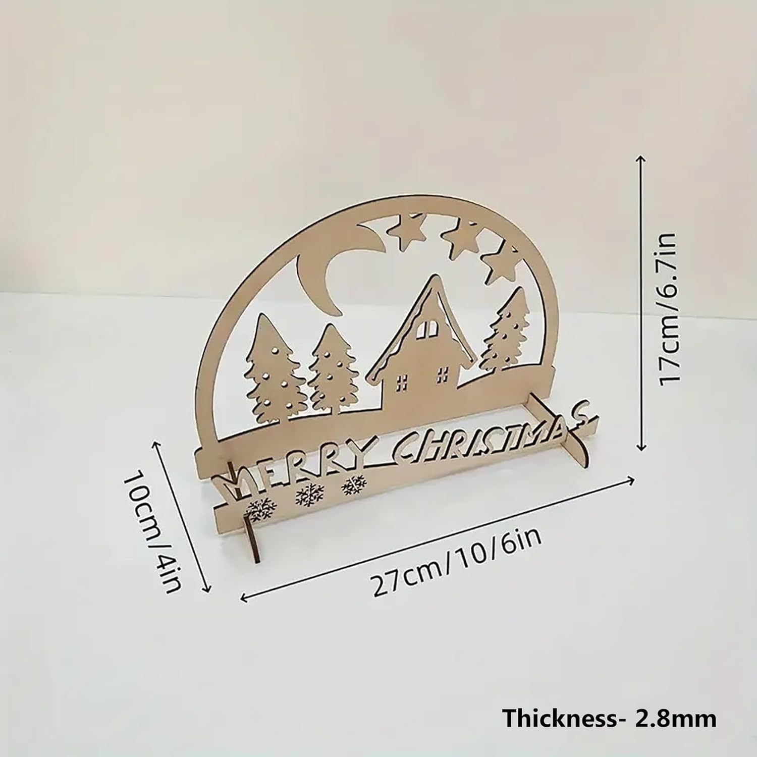 Wooden Christmas decoration with cut-out design and 'Merry Christmas' text, shown with dimensions on a white background.