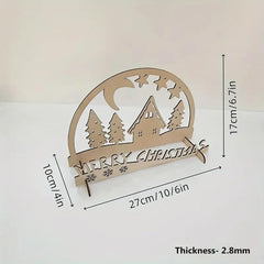 Wooden Christmas decoration with cut-out design and 'Merry Christmas' text, shown with dimensions on a white background.