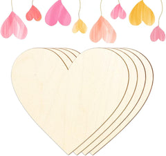 Set of heart-shaped wooden cutouts with decorative heart-shaped ribbons in the background.