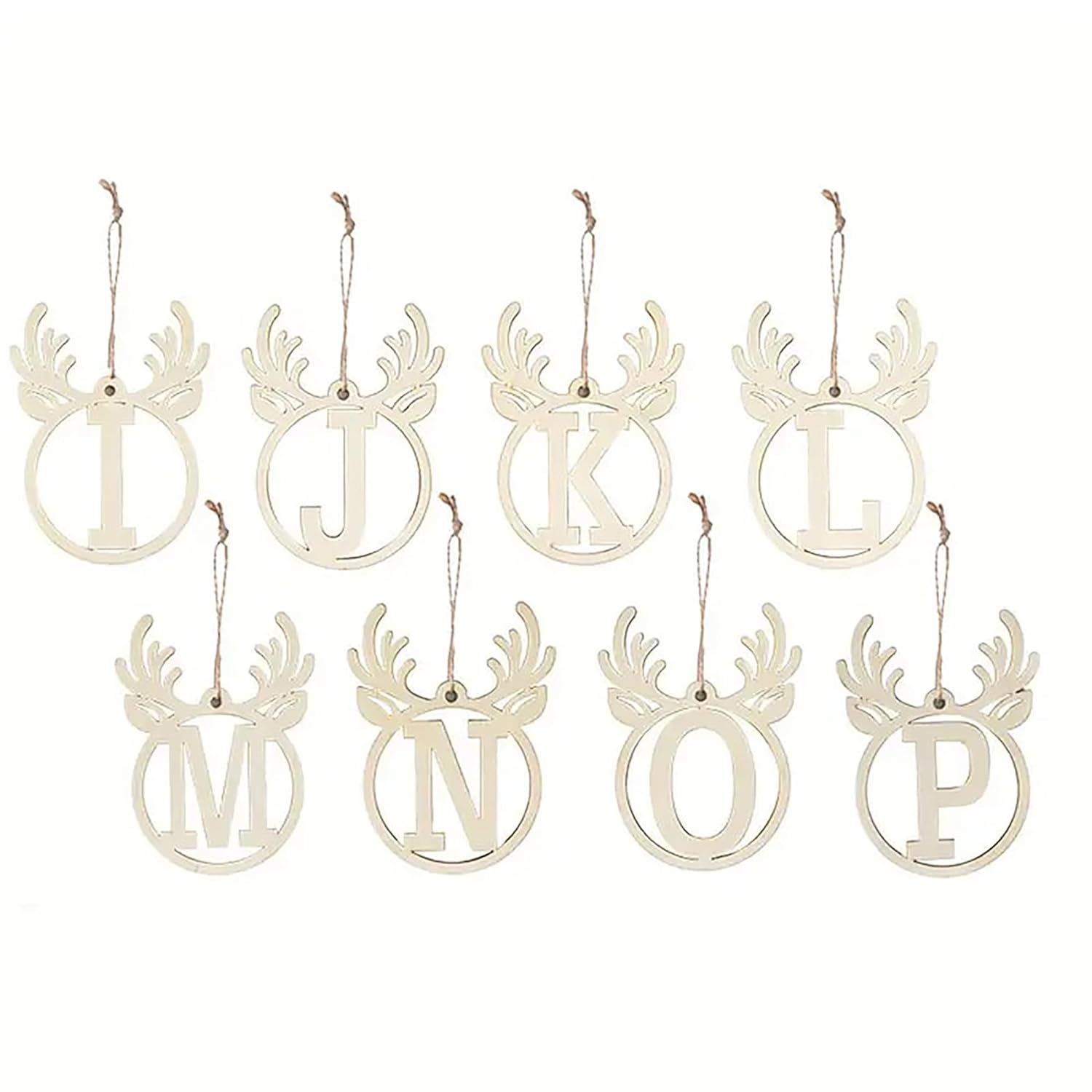Set of 10 white deer head letter ornaments on a white background