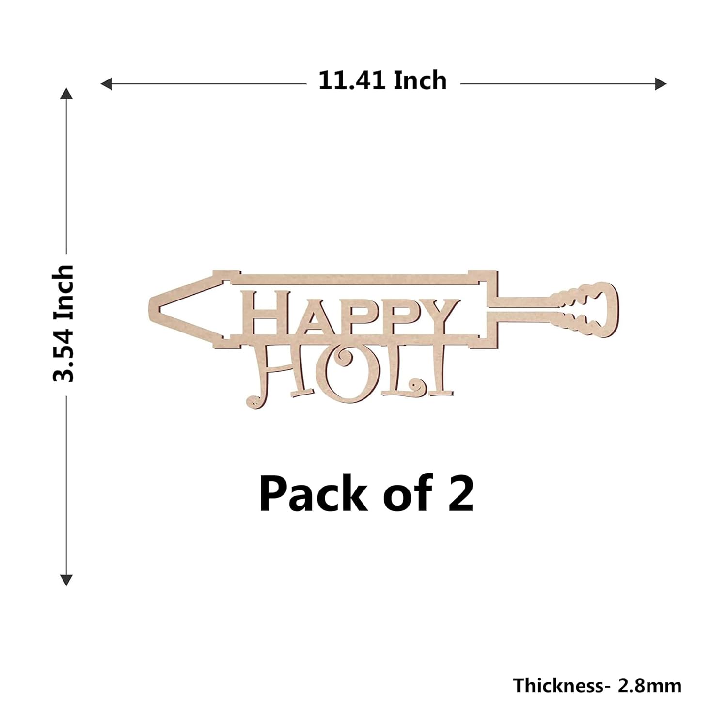 Wooden decorative sign with 'Happy Holi' text and measurements on a white background