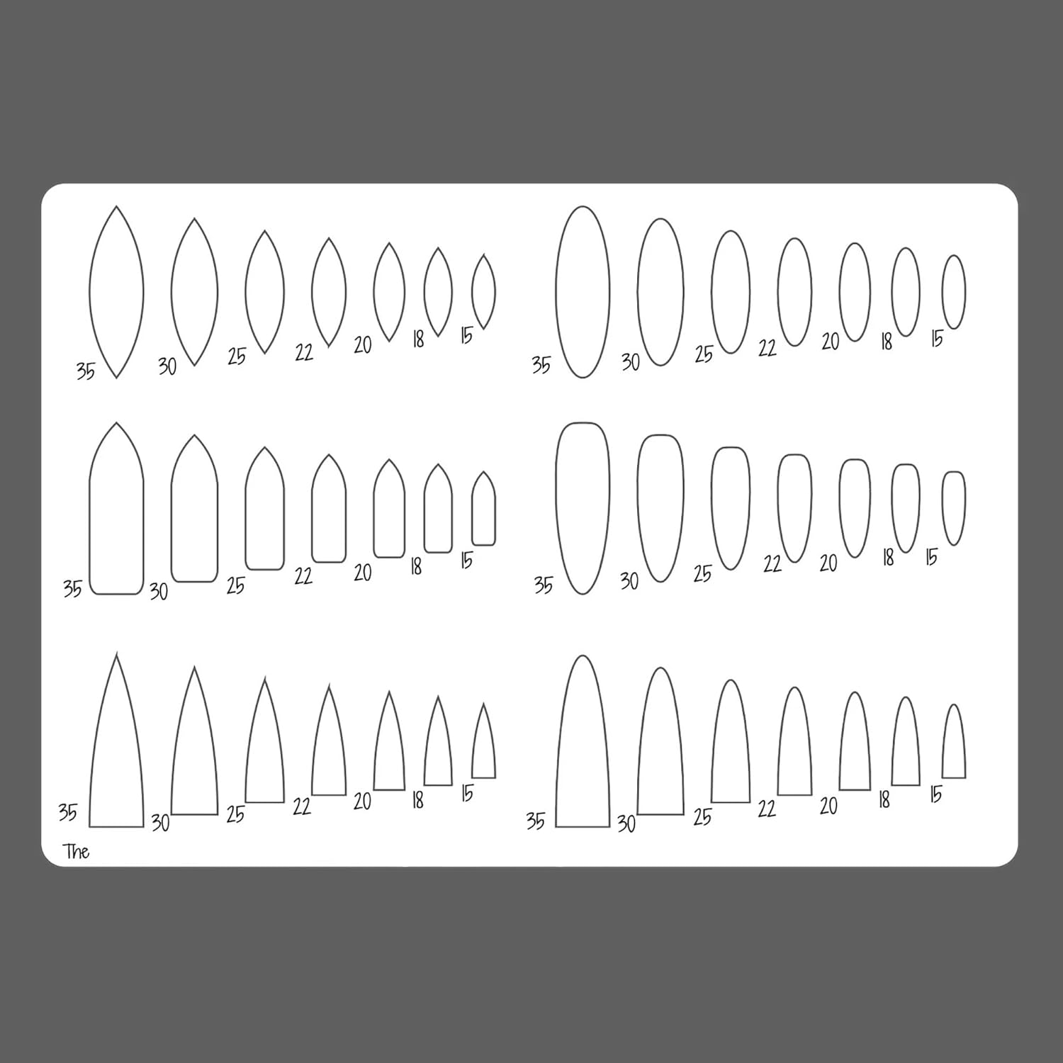 Sheet with various bullet shapes and measurements on a gray background