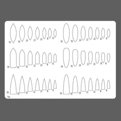 Sheet with various bullet shapes and measurements on a gray background