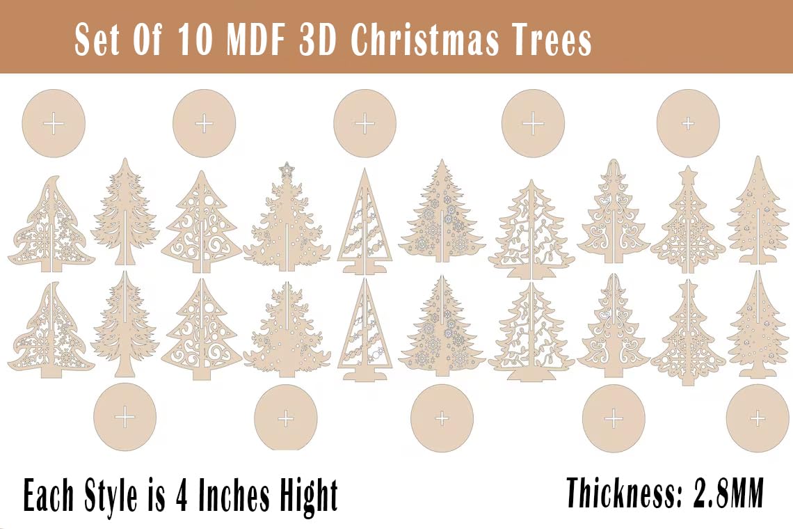 Set of 10 MDF 3D Christmas trees with a brown background