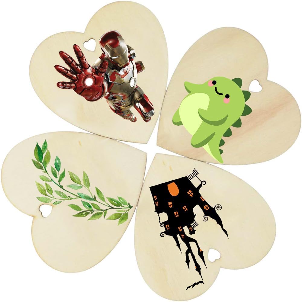 Four heart-shaped wooden cutouts with various designs on a white background