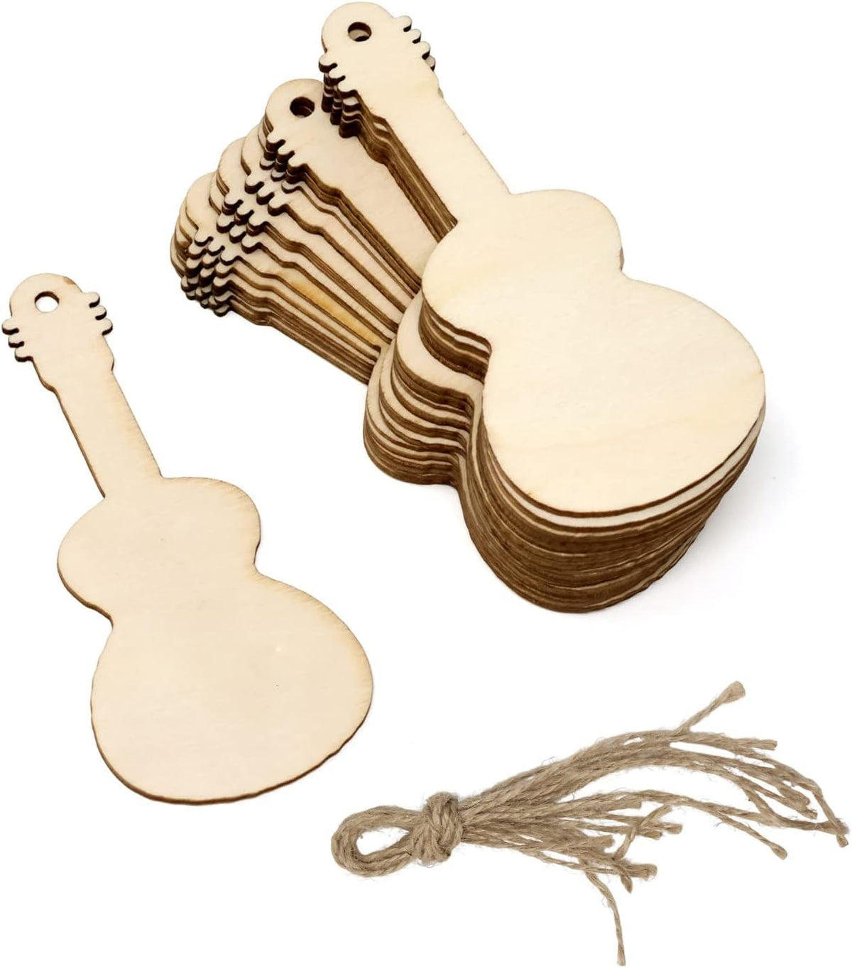 Wooden guitar-shaped tags with jute string on a white background