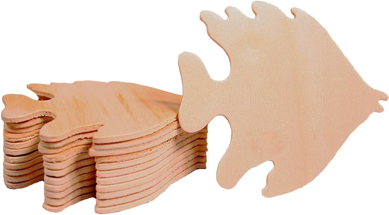 Stack of wooden fish-shaped cutouts on a white background