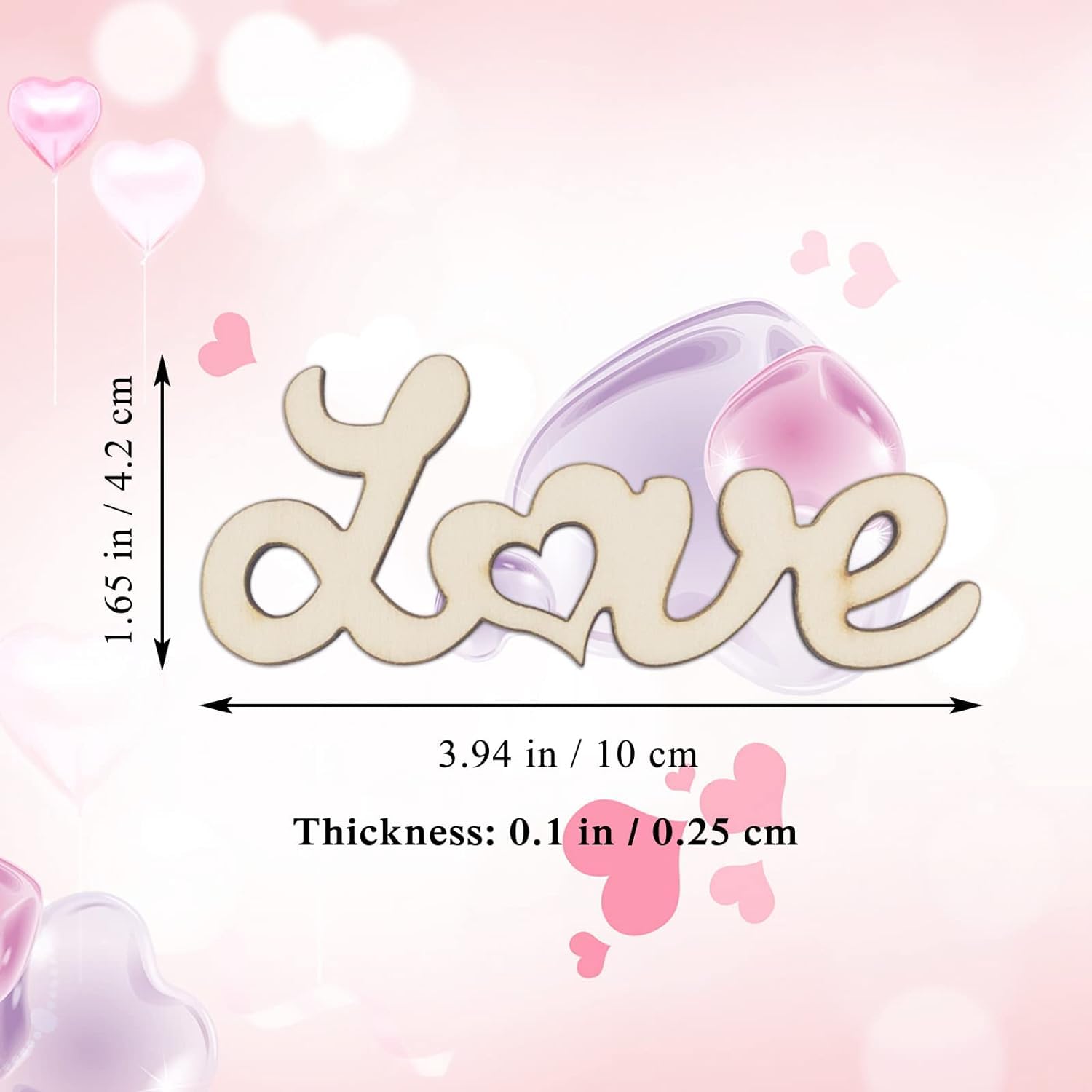 Wooden word 'love' with measurements on a pink background with hearts