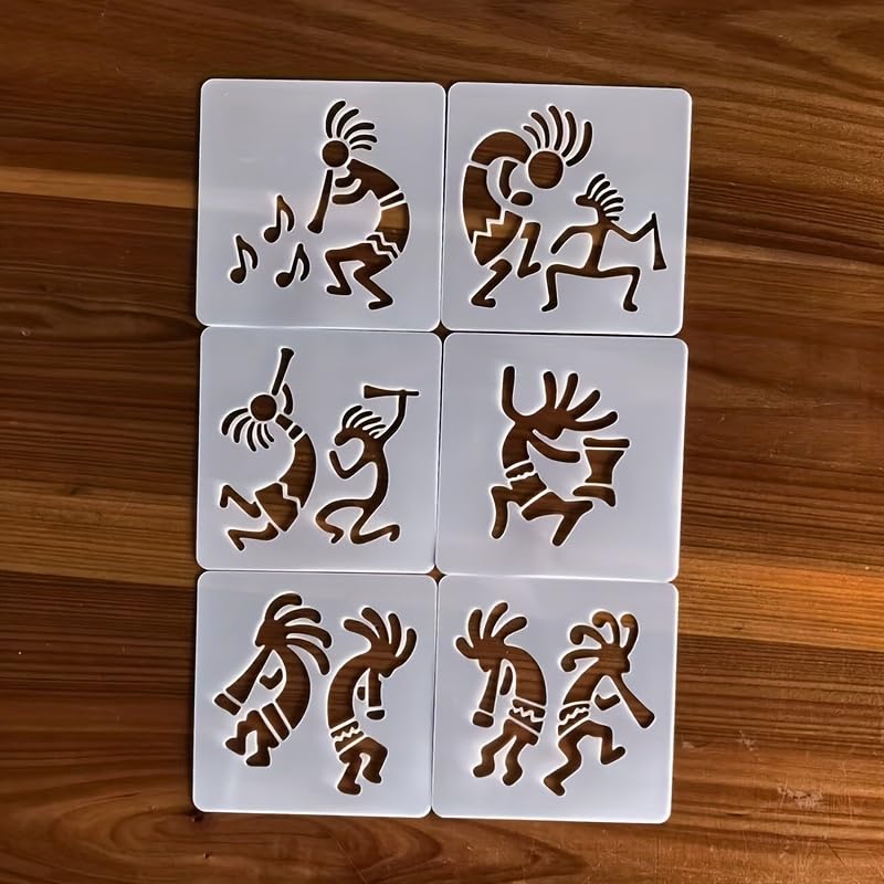Set of six square tiles with Kokopelli designs on a wooden surface