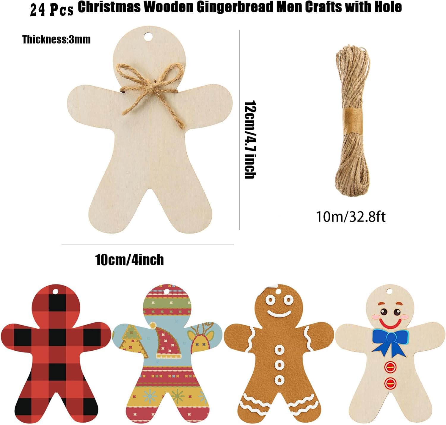 Set of Christmas wooden gingerbread men crafts with hole, string, and examples of decorated gingerbread men.