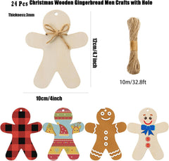 Set of Christmas wooden gingerbread men crafts with hole, string, and examples of decorated gingerbread men.