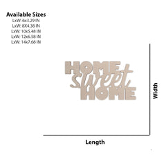 Wooden 'Home Sweet Home' sign with size chart on a white background