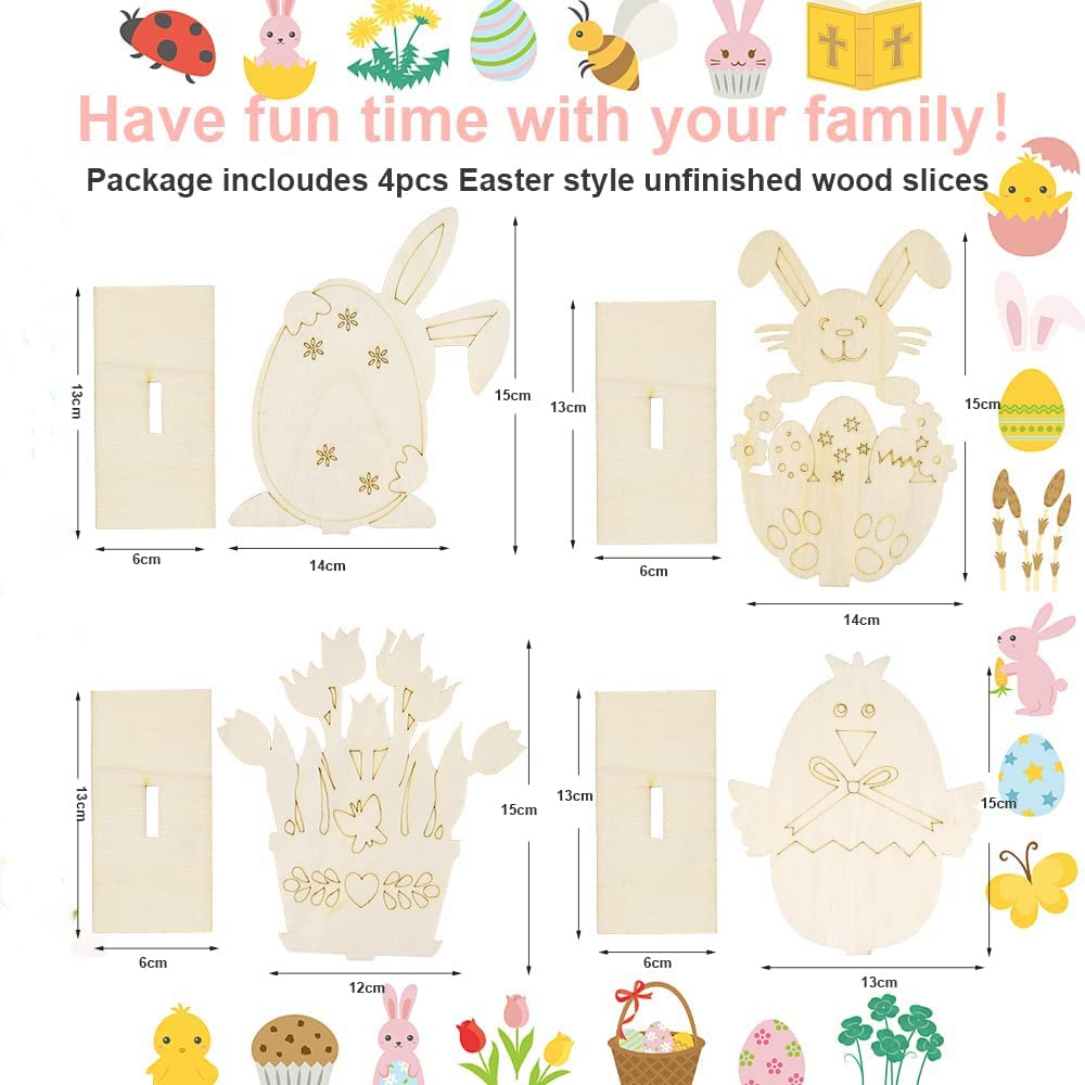 Easter-themed unfinished wood slices with dimensions and family-friendly message.