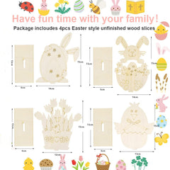 Easter-themed unfinished wood slices with dimensions and family-friendly message.