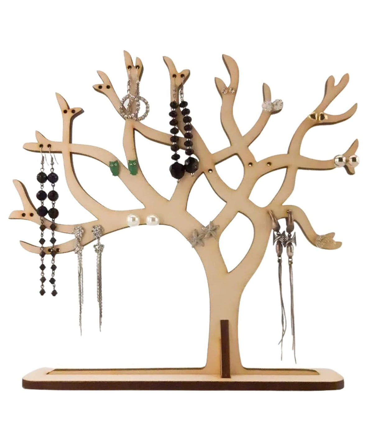 Wooden jewelry tree with various necklaces and earrings on a white background