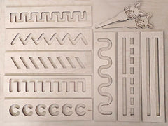 Wooden puzzle with various geometric shapes and patterns on a beige background