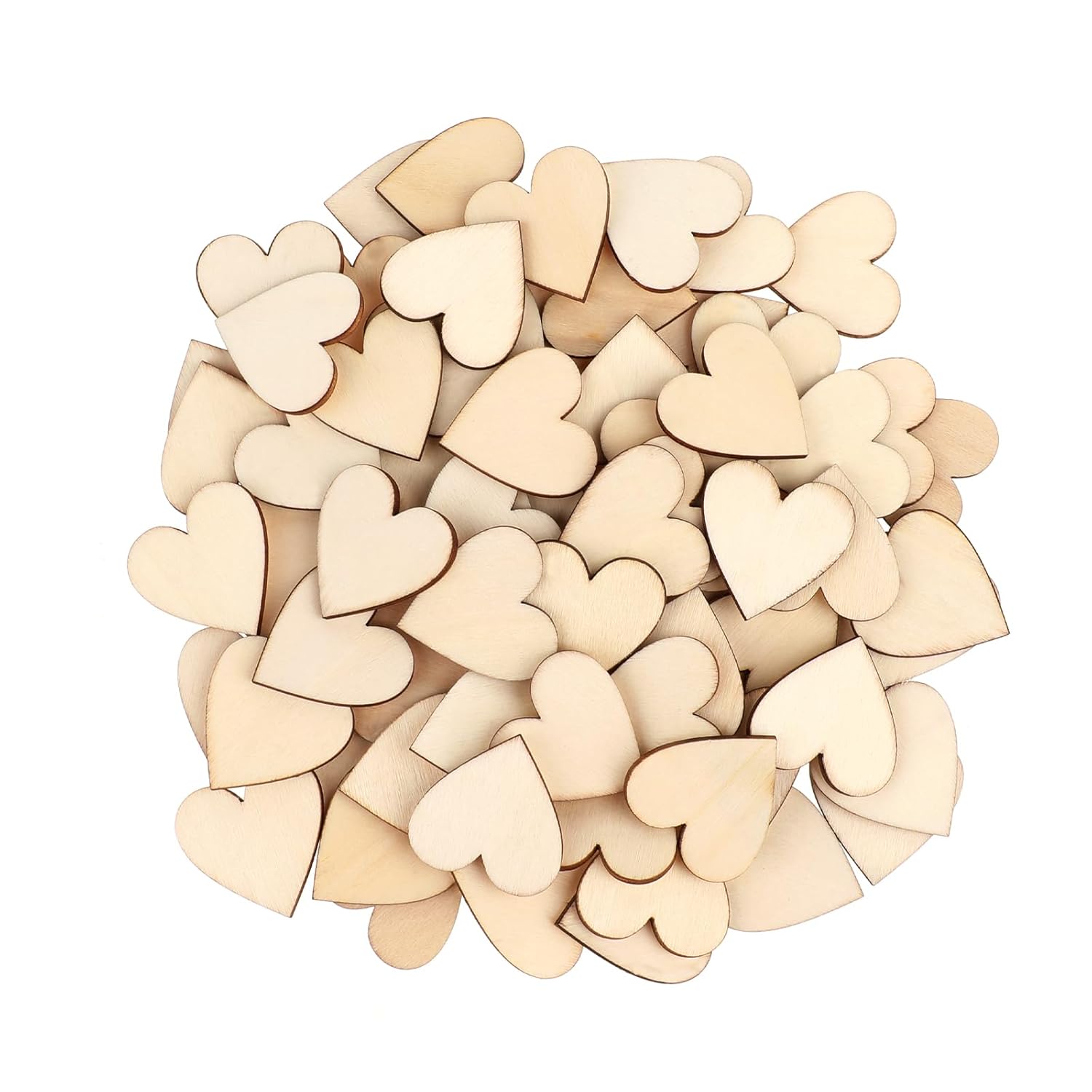 Pile of wooden heart shapes on a white background