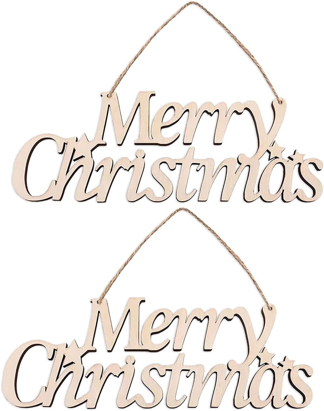 Wooden 'Merry Christmas' sign with hanging string on a white background