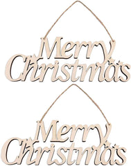 Wooden 'Merry Christmas' sign with hanging string on a white background