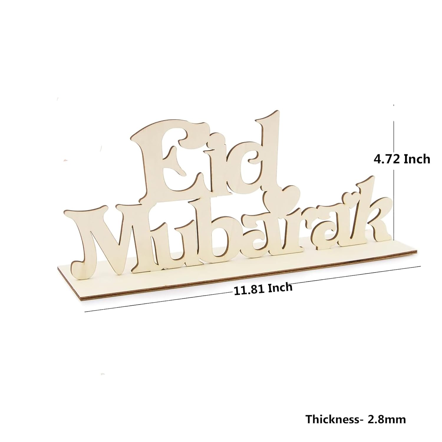 Wooden 'Eid Mubarak' sign with measurements on a white background