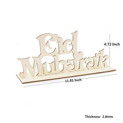 Wooden 'Eid Mubarak' sign with measurements on a white background