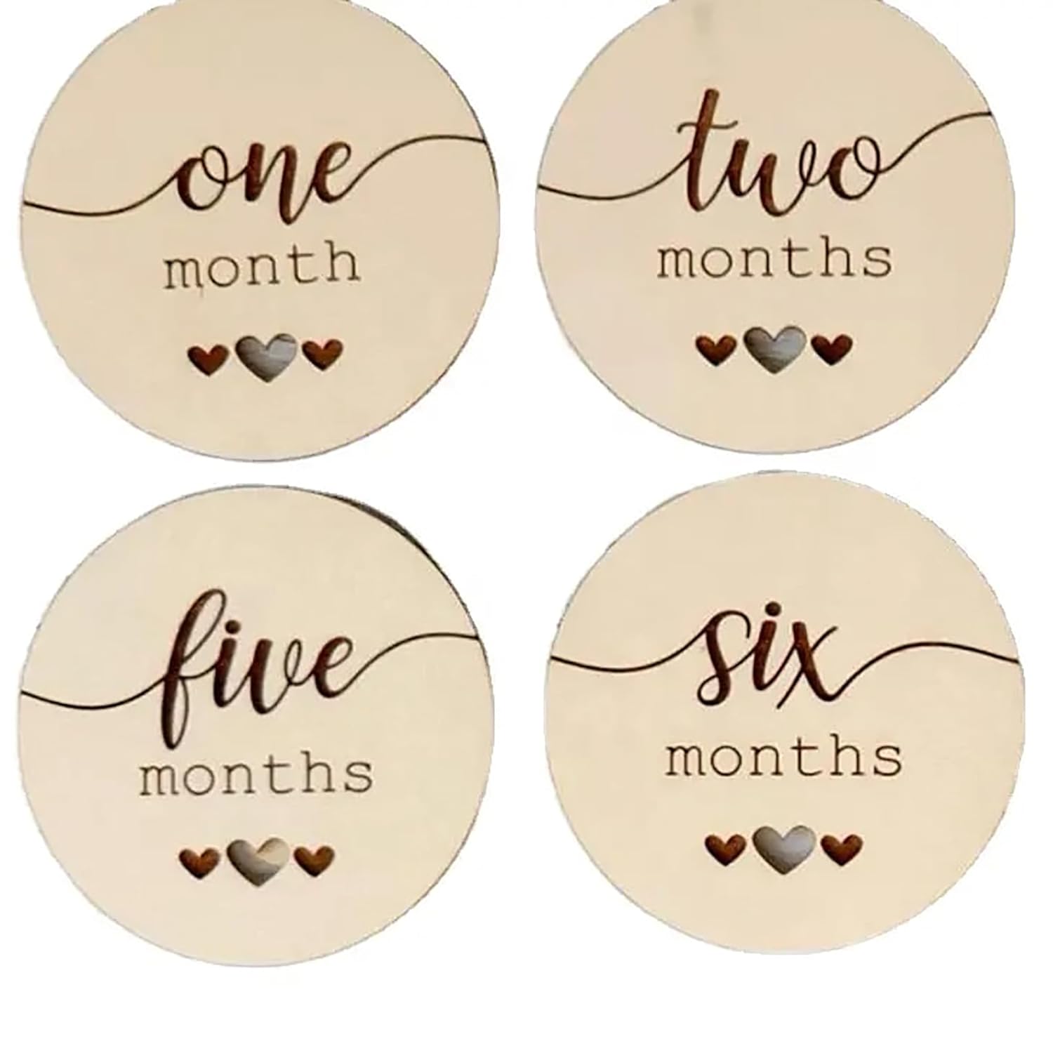 Four round wooden discs with text indicating 'one month', 'two months', 'five months', and 'six months' on a white background.