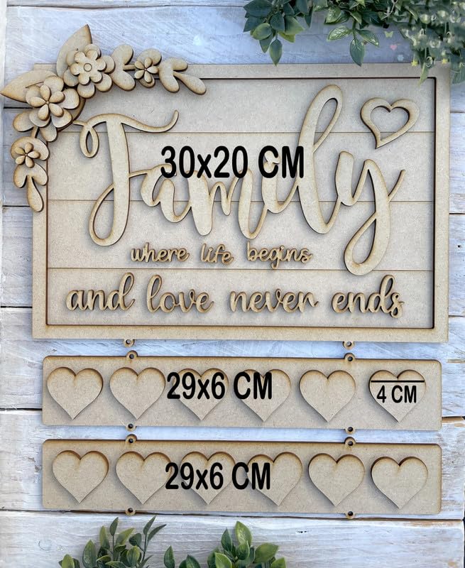 Wooden decorative sign with 'Family where life begins and love never ends' text on a wooden background.