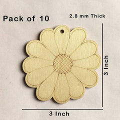 Wooden flower-shaped cutout with measurements on a beige background