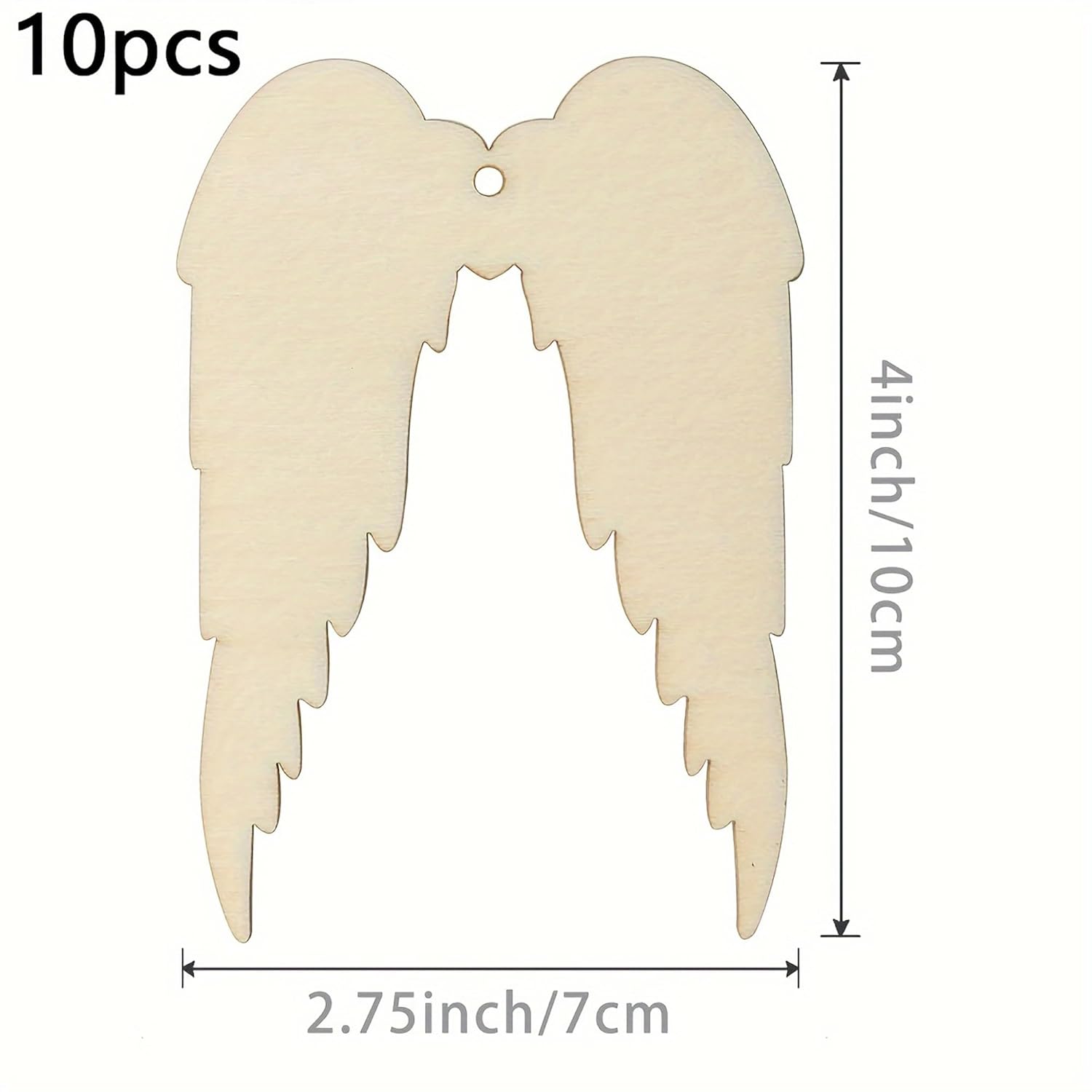 Wooden angel wing cutout with measurements on a white background