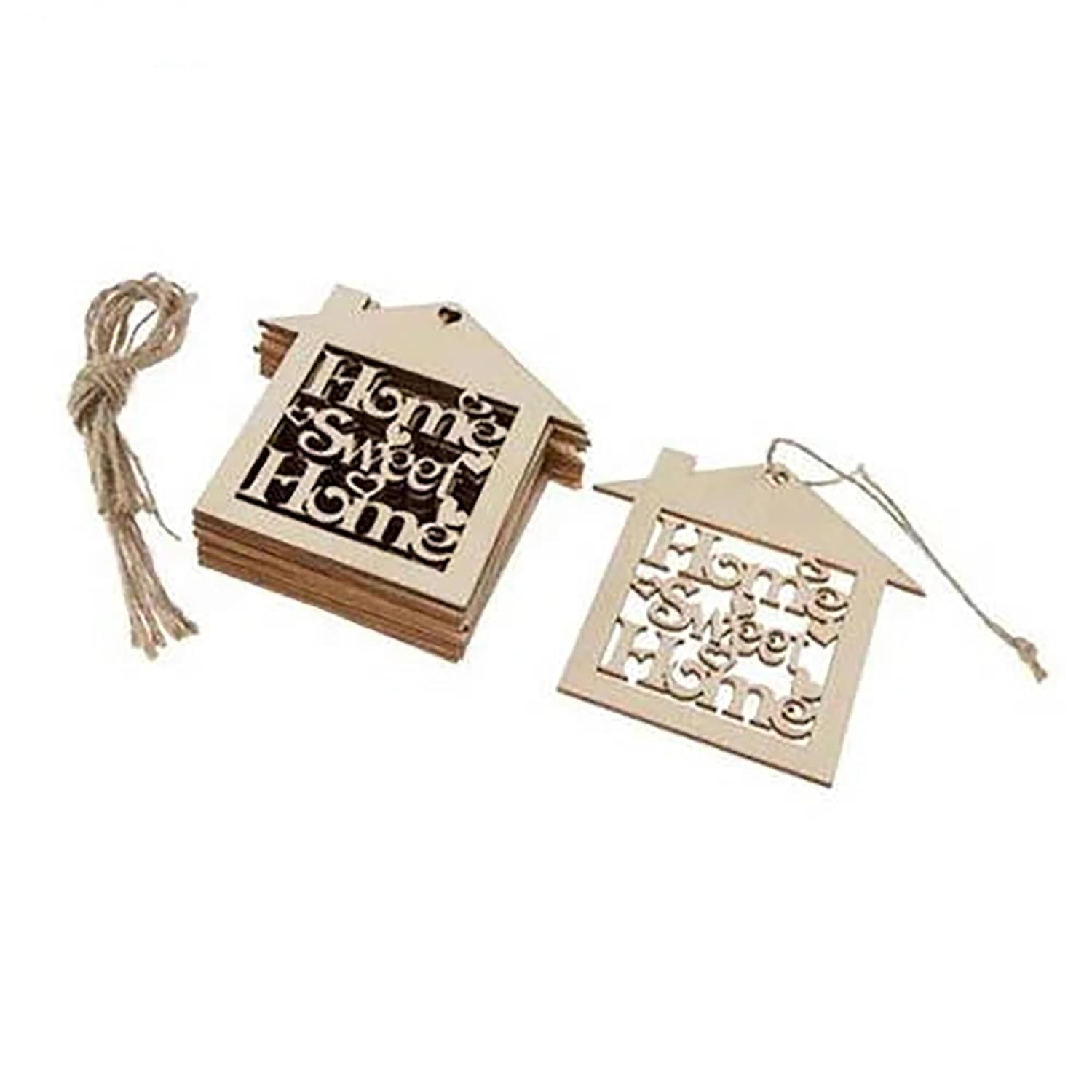 Wooden 'Home Sweet Home' house-shaped tags with string on a white background