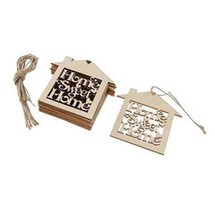 Wooden 'Home Sweet Home' house-shaped tags with string on a white background