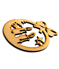 Wooden cutout with Chinese characters on a white background