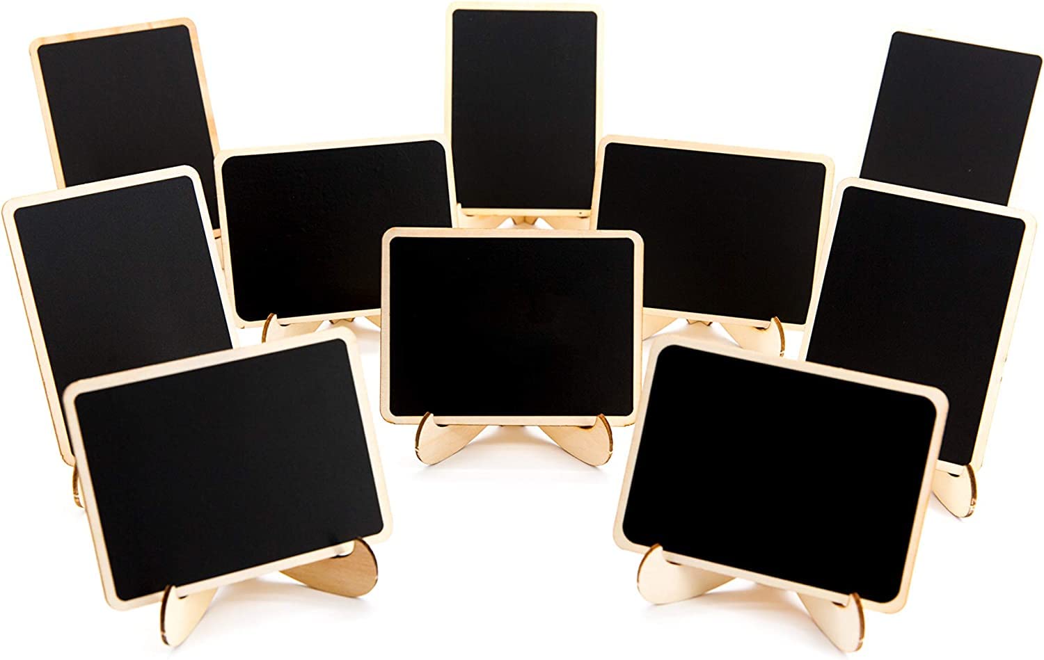 Set of small blackboards with gold stands on a white background