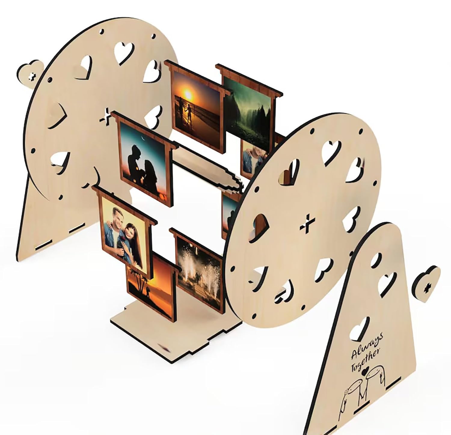 Wooden photo display with cut-out design on a white background