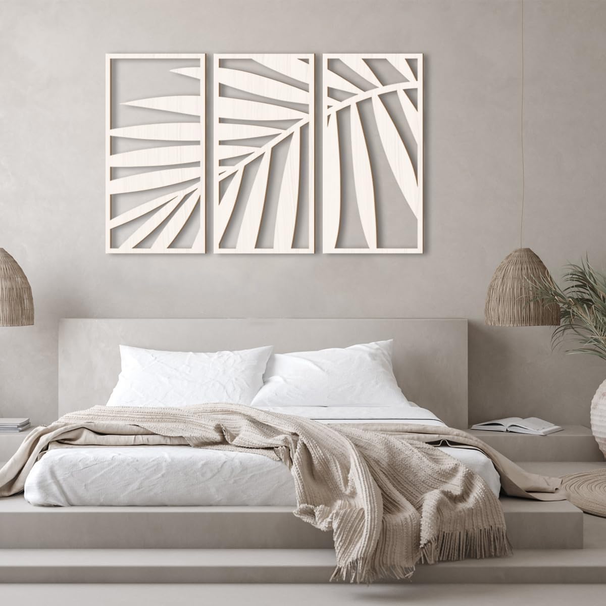 Modern bedroom with abstract wall art above a bed